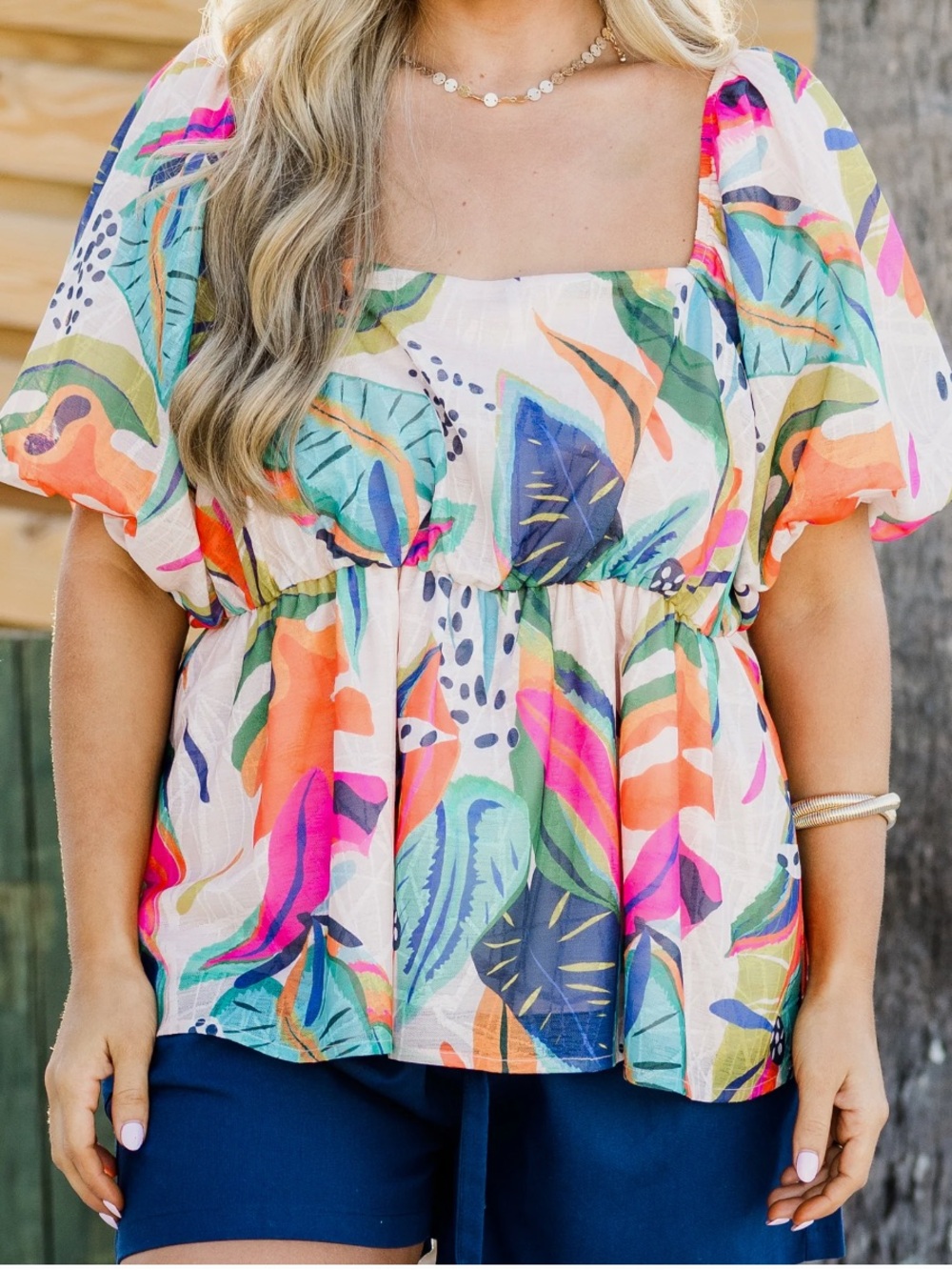 Chic Soul Tropical Square-Neck Peplum Top - fits like 2-3x